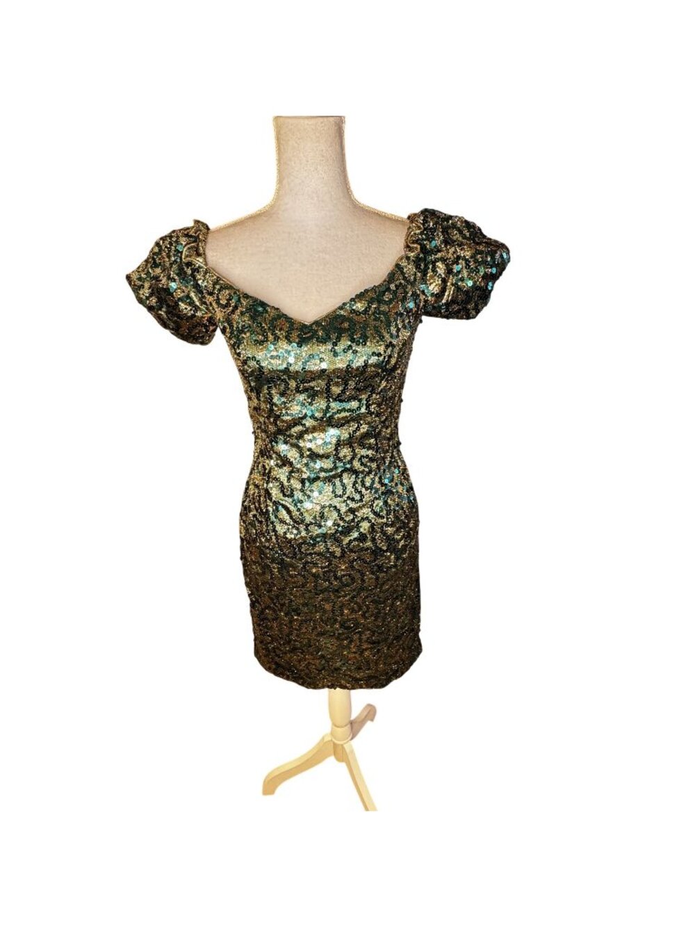 1980s Vintage Green & Gold Sequin Puff-Sleeve Bodycon Mini Dress Bold Sparkling